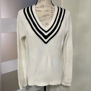 🍂 Talbots cream V-neck sweater with black stripes long sleeve EUC